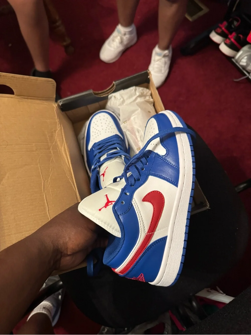 Jordan Kids Low-Top Sneakers in White/Blue with Red Swoosh